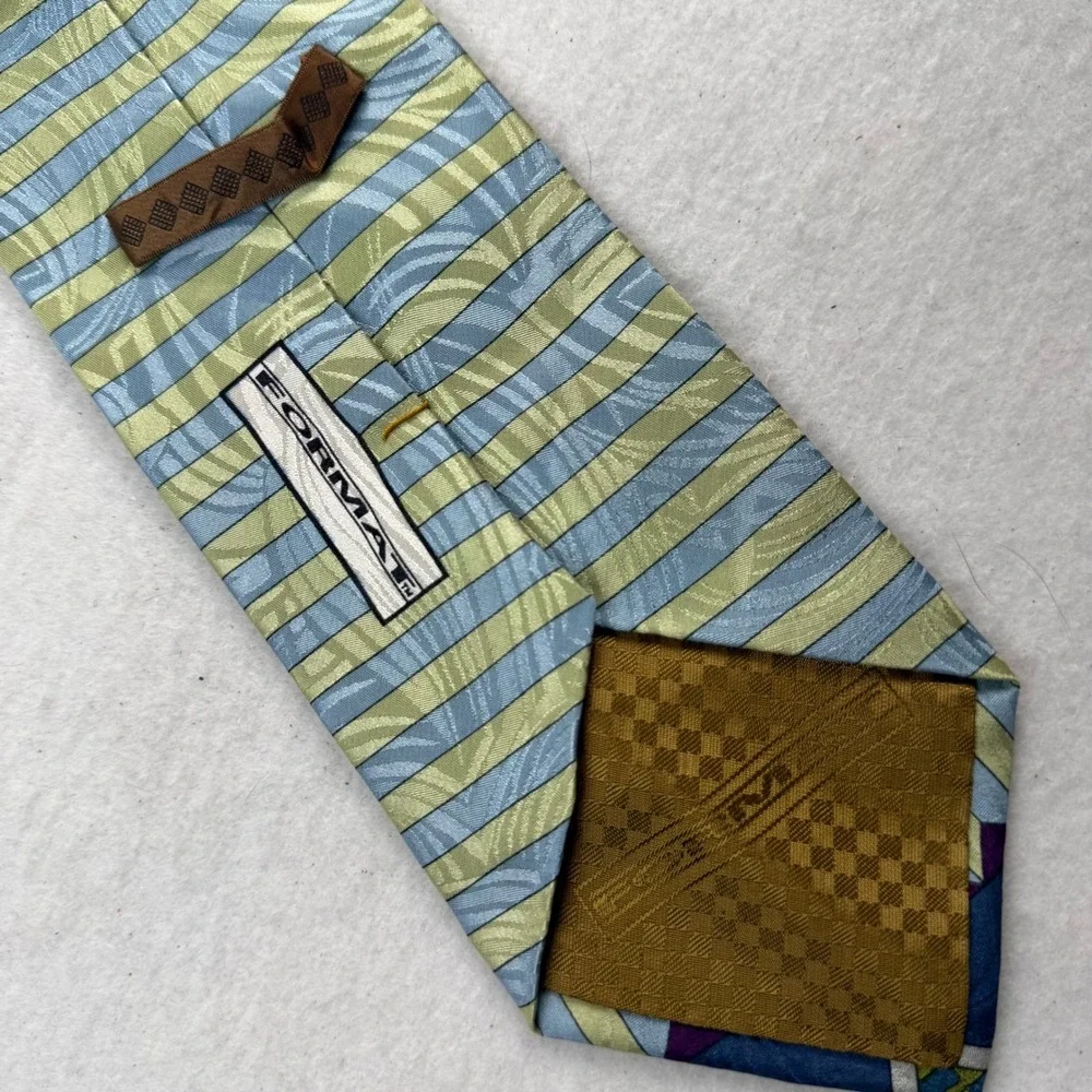 Format Japan Mens Silk Tie Blue Yellow Geometric Triangle Abstract 90s Retro